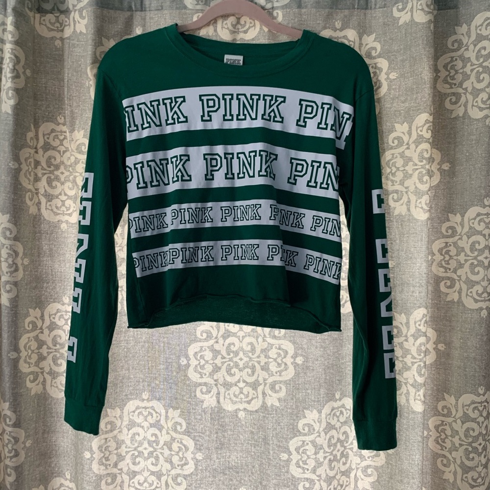 PINK green striped cropped long sleeve tee